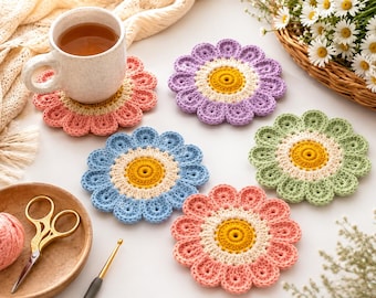 Crochet Flower Coaster Pattern PDF, Daisy Mug Rug, Floral Coaster Set Table decor, Easy Crochet Home Decor, Instant Download