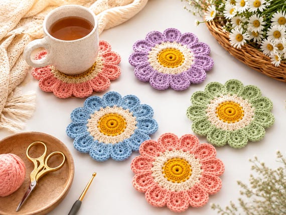 Crochet Flower Coaster Pattern PDF, Daisy Mug Rug, Floral Coaster Set Table decor, Easy Crochet Home Decor, Instant Download