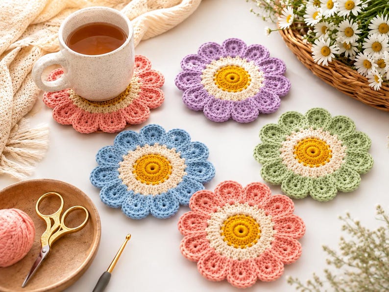 May include: Four round, flower-shaped crochet coasters in pastel pink, lavender, light blue, and sage green. Each coaster features a yellow center surrounded by a cream-colored ring and scalloped petals. A ceramic mug sits on the pink coaster.