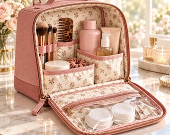Könnte beinhalten: Eine altrosa Kosmetiktasche mit floralem Innenfutter. Die Tasche verfügt über mehrere Innenfächer, elastische Pinselhalter und ein transparentes Reißverschlussfach, das weiße Wattepads und ein kleines Stofftäschchen enthält.