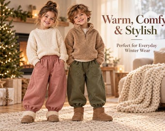 Könnte beinhalten: Zwei Kinder in Winterkleidung. Ein Kind trägt einen cremefarbenen Strickpullover und eine altrosa Hose. Das andere Kind trägt einen beigen Fleece-Pullover mit Reißverschluss und eine olivgrüne Hose. Text: Warm, Comfy & Stylish. Perfect for Everyday Winter Wear.