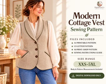 Modern Cottage Vest Sewing Pattern PDF, Shawl Collar Waistcoat with Piped Edges, XXS-5XL