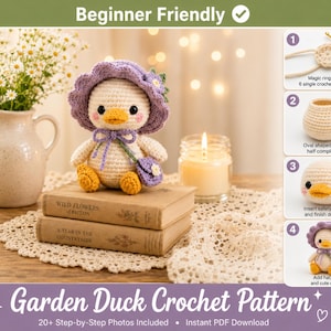 May include: A crochet pattern for a duck wearing a purple hat and carrying a small purple bag. The image includes text reading Beginner Friendly and Garden Duck Crochet Pattern, along with four numbered steps showing the assembly process.
