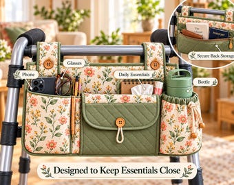 Könnte beinhalten: Eine gesteppte Rollatortasche in Olivgrün und Creme mit Blumenmuster, ausgestattet mit mehreren Fächern für Handy, Brille und Flasche. Die Tasche hat eine mittlere Klappe mit Knopfverschluss und den Text Designed to Keep Essentials Close.