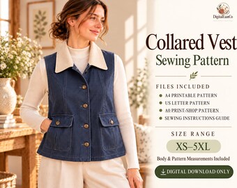 Collared Vest Sewing Pattern PDF, Women's Utility Vest with Flap Pockets and Button Front, XS-5XL
