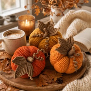 May include: Three crocheted pumpkins in shades of orange, yellow, and gold, each featuring a brown crocheted stem, curly tendrils, and a single leaf. The pumpkins are arranged on a wooden tray alongside a ceramic mug and a lit candle.