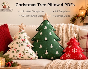 Könnte beinhalten: Drei weihnachtsbaumförmige Kissen mit Sternen als Spitze. Eines ist cremefarben mit Stechpalmenbeeren, eines grün mit weißen Baum-Symbolen und eines rot mit weißen Schneeflocken. Text: Christmas Tree Pillow 4 PDFs, US Letter Templates, A4 Templates, A0 Print-Shop Sheet, Sewing Guide.