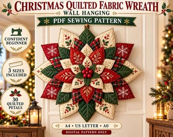 Könnte beinhalten: Ein PDF-Schnittmuster für einen weihnachtlichen Stoffkranz in Sternform mit roten, grünen und cremefarbenen Blütenblättern. Das Muster enthält 30 gesteppte Blütenblätter, 3 Größen und ist für A4, US Letter und A0 Formate ausgelegt.