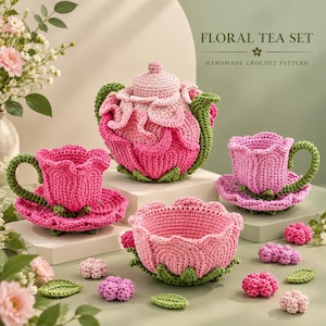 Häkelanleitung für ein florales Teeservice (PDF), Amigurumi-Teekanne mit Rose, Teetassen und Untertassen, Sofort-Download