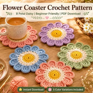 Crochet Flower Coaster Pattern PDF, Daisy Mug Rug, Floral Coaster Set Table decor, Easy Crochet Home Decor, Instant Download