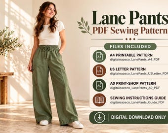 Könnte beinhalten: Lane Pants PDF-Schnittmuster als digitaler Download. Enthält A4-Druckvorlage, US-Letter-Format, A0-Druckvorlage und Nähanleitung. Das Bild zeigt eine olivgrüne, weit geschnittene Hose mit Kordelzug in der Taille.