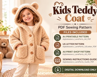 Nähschnittmuster für einen Teddy-Mantel für Kinder (PDF), Kapuzen-Sherpa-Jacke mit Bärenohren für Kleinkinder, Wintermantel für Babys und Kleinkinder (Mädchen/Jungen), Größen 6 Monate bis 10 Jahre, A4/US-Letter-Format