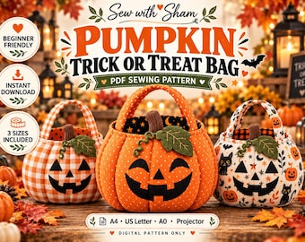 Könnte beinhalten: Drei Stofftaschen in Kürbisform für Süßes oder Saures mit Jack-o'-Lantern-Gesichtern. Die linke Tasche hat ein orange-weißes Vichy-Muster, die mittlere ist orange mit weißen Punkten und die rechte ist weiß mit schwarzen Katzen.