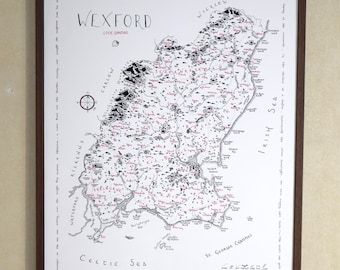 Mapa hrabstwa Wexford rysowana ręcznie: Irlandia, Góry, Rzeki, Fantastyka, Miłośnik książek, Szczegółowa (A3/A2)