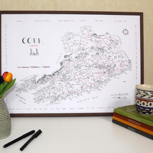 Op de afbeelding: Een ingelijste kaart van Cork, Ierland, met zwarte en rode details. Een vaas met kleurrijke tulpen, een mok met patroon en gestapelde boeken staan voor de kaart. Twee zwarte pennen liggen ook op het witte oppervlak.