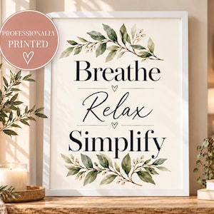 Breathe Relax Simplify Botanical Print, Sage Green Foliage, Framed Wall Art (Ready to Hang)