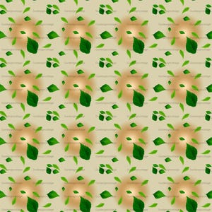 May include: A repeating pattern of vibrant green leaves scattered across a light beige background. The design features small, pointed leaves in various orientations, interspersed with soft, circular tan-colored gradients behind the foliage.