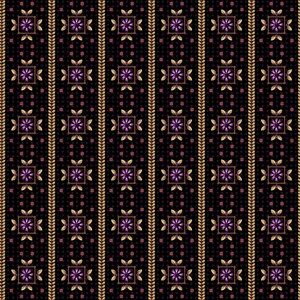 May include: A repeating pattern featuring vertical gold braided stripes alternating with black columns. Each black column contains a series of square frames enclosing purple floral motifs surrounded by small gold leaves and dark red dots.