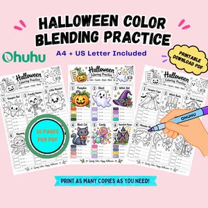 Op de afbeelding: Drie Halloween kleur-meng oefenbladen met zwart-wit lijntekeningen van geesten, pompoenen en monsters. De tekst luidt Halloween Color Blending Practice, Ohuhu, A4 + US Letter Included, Printable Download PDF, 10 Pages Per PDF.