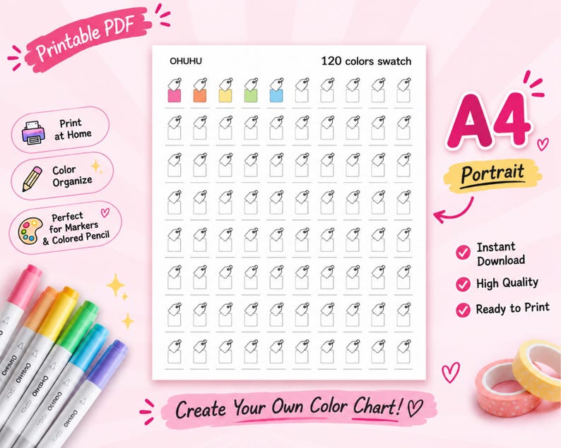 Ohuhu 120 Colors Swatch Chart Printable PDF | A4 Portrait Marker Color ...