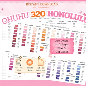 Puede incluir: Una tabla de códigos de color Ohuhu 320 Honolulu imprimible en tres páginas, con muestras de color categorizadas y etiquetas para rojos, tonos rosa, corales, naranjas, tonos de piel, rosas, verdes y morados, incluyendo iconos de archivos PDF y PNG.