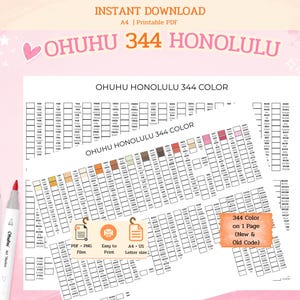 Pode incluir: Uma tabela de cores em PDF imprimível no formato A4 para marcadores Ohuhu 344 Honolulu. O documento exibe uma grade de códigos de cores e amostras. Três marcadores brancos com tampas rosa e vermelha estão à esquerda. Texto: Ohuhu 344 Honolulu.
