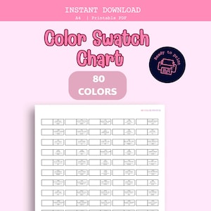 Può includere: Una tabella di campioni di colore digitale con 80 caselle di colore distinte disposte in una griglia. Il documento include il testo INSTANT DOWNLOAD, A4, Printable PDF, Color Swatch Chart, 80 COLORS e un'icona circolare con una stampante.