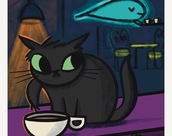 Cat and Coffee | Cozy Spooky Printable Wall Art