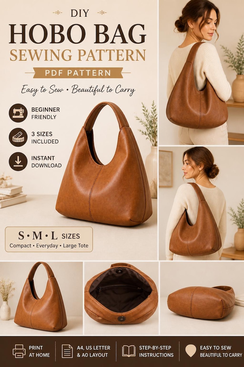 May include: A PDF sewing pattern for a Hobo Bag. The image displays a brown, leather-effect hobo bag with a curved handle. The pattern offers three sizes: compact, everyday, and large tote. The text on the image says "Easy to Sew - Beautiful to Carry".