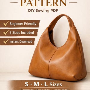 Könnte beinhalten: Ein braunes Hobo-Taschenmuster mit dem Text "HOBO BAG PATTERN" und "DIY Sewing PDF". Das Muster enthält drei Größen und ist für Anfänger geeignet. Die Tasche ist eine kompakte, alltägliche und große Tragetasche. Schritt-für-Schritt-Anleitungen sind enthalten.