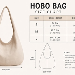 May include: Cream-coloured hobo bag with a size chart. The chart shows body height and width measurements for sizes S, M, and L. Size S is 34 cm high and 35 cm wide. Size L is 50.75 cm high and 54.5 cm wide.