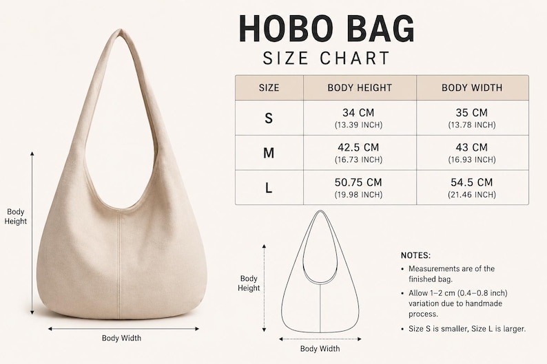 May include: Cream-coloured hobo bag with a size chart. The chart shows body height and width measurements for sizes S, M, and L. Size S is 34 cm high and 35 cm wide. Size L is 50.75 cm high and 54.5 cm wide.