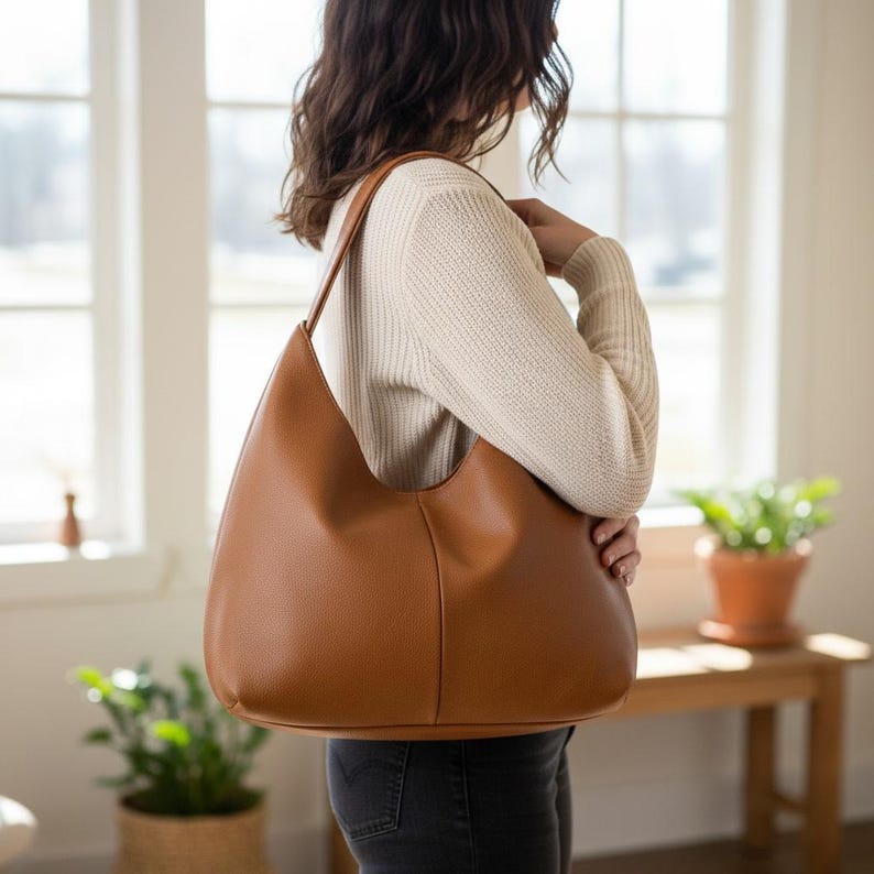 May include: A large, brown leather shoulder bag with a single strap. The bag has a curved shape and a smooth texture. The person is wearing a cream-coloured jumper and dark jeans. The background includes a window, plants, and a wooden bench.