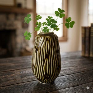 May include: A cylindrical ceramic vase with a glossy olive green glaze and a textured surface featuring vertical ridges and small circular indentations. The vase contains several stems of green clover leaves extending from the top opening.