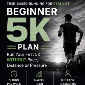 以下が含まれることがあります： 初心者向け5kmランニングプランの広告。画像にはランナー、テキスト「BEGINNER 5K PLAN」、6週間のプランや週ごとのランニングなど、プログラムの詳細が記載されています。