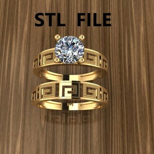 Conjunto de anillos de boda con diseño de llave griega (archivo STL para impresión 3D), modelo 3D de alianza nupcial con patrón de meandro, diseño CAD de solitario con motivo griego para fundición.