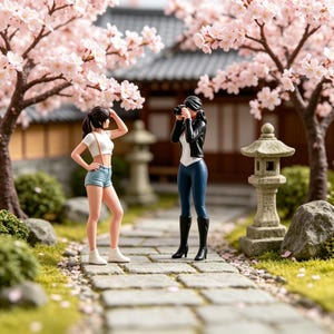 May include: Miniature figures of two women in a Japanese garden. One poses in a white top and denim shorts, the other photographs with a camera. Cherry blossom trees frame the scene, with a stone path and traditional architecture in the background.