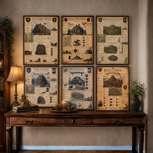 Könnte beinhalten: Sechs rechteckige Wandposter mit detaillierten Karten und Illustrationen fiktiver Burgen und Regionen, darunter Casterly Rock, Dragonstone, Highgarden, The Eyrie, Winterfell und King's Landing, angeordnet in zwei Reihen an einer Wand.