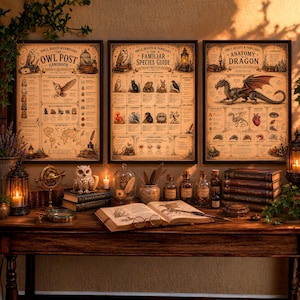 May include: Three framed vintage-style prints on a wooden table. The prints feature illustrations of owls, mythical creatures, and a species guide. A book, candles, and decorative items complete the scene, creating a whimsical, fantasy theme.