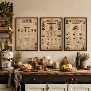 Puede incluir: Tres guías de café enmarcadas cuelgan sobre una encimera de madera con equipo para hacer café y comida. Las guías se titulan "Coffee Brewing Guide", "Coffee Beans Guide" y "Coffee Drinks & Espresso Guide". También se ven una cafetera, pan y vino.