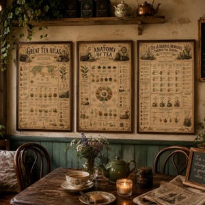 Puede incluir: Tres pósteres rectangulares de pared sobre papel beige de estilo vintage con texto en marrón oscuro. El póster de la izquierda se titula The Great Tea Atlas, el central The Anatomy of Tea y el de la derecha Tea & Herbal Remedies Through the Seasons, todos con ilustraciones botánicas.