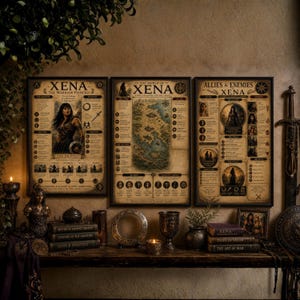 May include: Three framed Xena: Warrior Princess posters. The posters feature character information, a map, and allies/enemies. The posters are displayed on a wooden table with books, candles, and decorative items. A sword is mounted on the wall.