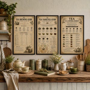 Set med vintagetetryck | Bryggning, tesorter, guide till naturliga botemedel (digital nedladdning)