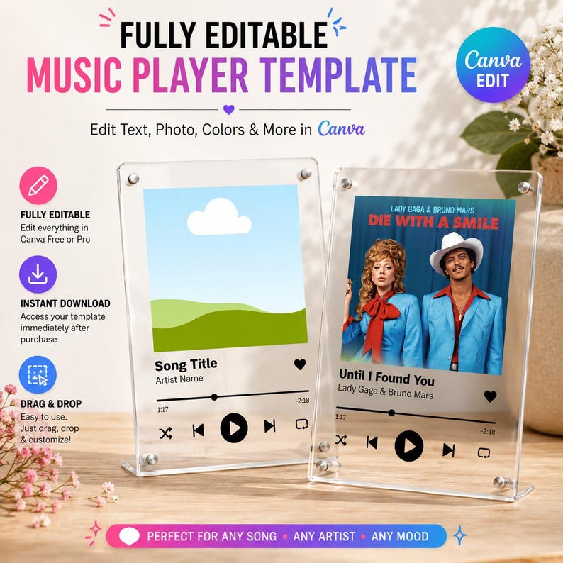 Editable Music Player Template, Canva Music Poster, Custom Song Cover