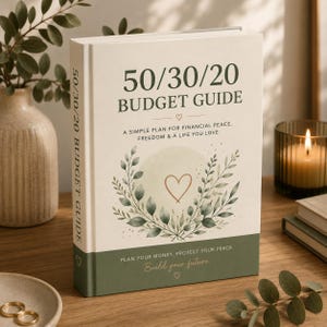 Könnte beinhalten: Ein Hardcover-Buch mit dem Titel "50/30/20 Budget Guide" mit grünem und schwarzem Text. Das Cover zeigt ein Herz und botanische Illustrationen. Der Buchrücken lautet "50/30/20 Budget Guide". Das Buch liegt auf einer Holzoberfläche.