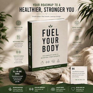 Könnte beinhalten: Ein Hardcover-Buch mit dem Titel "FUEL YOUR BODY" mit weißem Einband und grünen Akzenten. Der Titel des Buches ist in großen, fetten Buchstaben gehalten. Das Buch liegt auf einer Steinoberfläche mit Text über Ernährung, Fitness und Gesundheit.