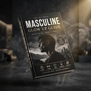 Könnte beinhalten: Ein Buch mit dem Titel "The Ultimate Masculine Glow Up Guide" mit schwarzem Einband und goldfarbener Schrift. Das Cover zeigt ein Graustufenbild eines Männerprofils und einer Skyline. Der Buchrücken trägt die Aufschrift "The Ultimate Masculine Glow Up Guide".