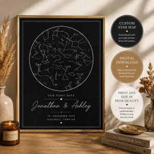 Könnte beinhalten: Gerahmter Schwarz-Weiß-Sternkarten-Druck. Der Druck zeigt ein kreisförmiges Sternbilddesign mit dem Text "OUR FIRST DATE", den Namen "Jonathan & Ashley" und dem Datum "24. DEZEMBER 2018 ISTANBUL, TÜRKİYE".