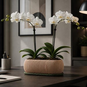 Op de afbeelding: Twee witte Phalaenopsis-orchideeën met groene bladeren en ongeopende knoppen, ondersteund door dunne zwarte stokjes, staan samen in een ovale, geribbelde, licht perzikkleurige plantenbak op een donkergroene, getextureerde, ovale onderzetter.