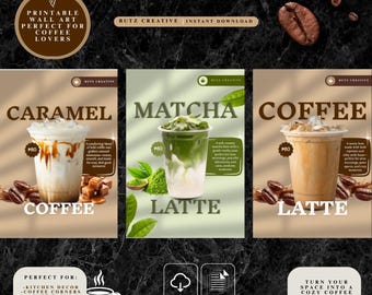 Koffiemuurkunstset | Latte, matcha en karamelprints (digitale download)